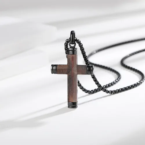 Vista 5 de Collar de cruz de madera para hombre, sándalo real con incrustaciones a mano collares de cruz para hombre, colgante de crucifijo de acero inoxidable