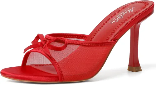 Vista 26 de Mostrin - Sandalias con tacón de gatitos para mujer, con punta redonda con lazo, vintage, sexy, de tacón aguja, sin talón, para fiesta y uso diario