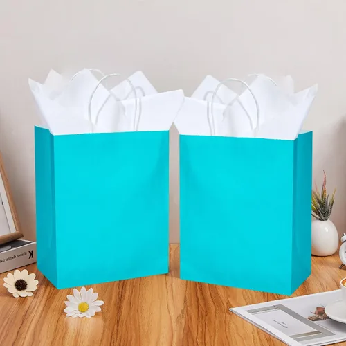 Vista 5 de DjinnGlory Paquete de 50 bolsas de regalo de papel azul turquesa de tamaño mediano con asas de 10 x 8 x 4 pulgadas y 50 papel de seda blanco
