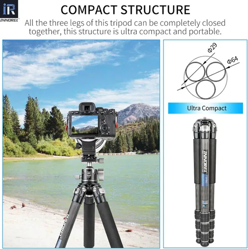Vista 8 de Trípode de fibra de carbono-INNOREL CT75C - Trípode de viaje portátil profesional compacto para cámara de video digital DSLR, carga de 44.1 lb/20