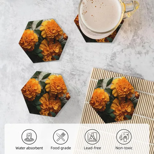 Vista 5 de Juego de 4 posavasos de cerámica para bebidas para tipos de tazas, posavasos de caléndula para protección de mesa, posavasos absorbentes para mesa