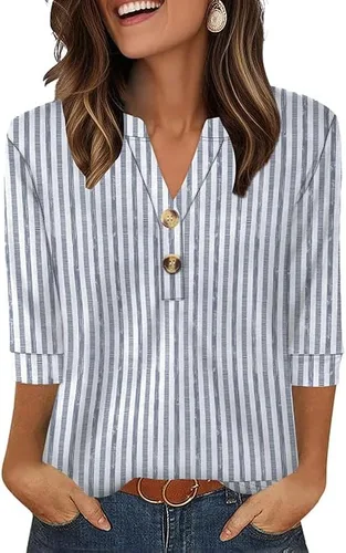 Vista 8 de OFEEFAN - Camisetas de manga 3/4 estilo Henley para mujer, blusas de moda de otoño 2025, atuendos escolares para maestras Raya