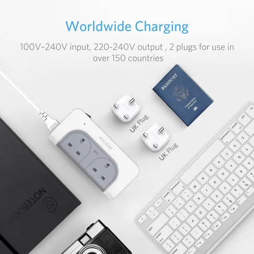 Vista 3 de BESTEK Convertidor de voltaje de 200 W de 100 V a 240 V con 4 puertos USB de carga All World Contries to US Travel Charger (blanco)