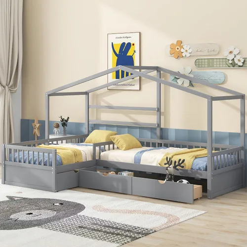 Vista 3 de Harper & Bright Designs Cama de plataforma de casa con cajones de almacenamiento y techo, marco de cama de madera tamaño individual con valla
