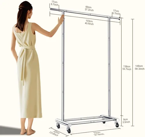 Vista 2 de TigerParty Perchero para colgar ropa, perchero de ropa resistente de acero inoxidable, perchero rodante extensible y ajustable con ruedas