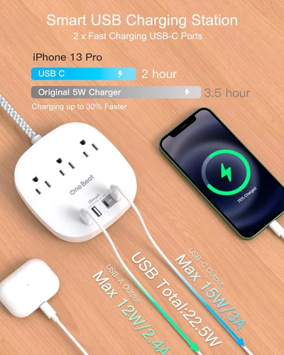 Vista 2 de Regleta de corriente con enchufe plano, cable de extensión ultraplano de 6 pies - 3 salidas 4 puertos USB (2 USB C) 22.5W/4.5A estación de carga