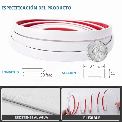 Vista 2 de Art3d Moldura de vinilo flexible de 30 pies para despegar y pegar para bordes de azulejos de pared, salpicaduras de cocina, marco de espejo en Blanco