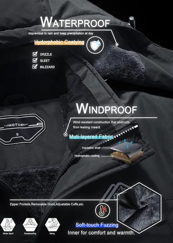 Vista 6 de OTU Chaqueta de esquí impermeable para hombre, rompevientos, para invierno, con capucha, para nieve, montaña, Gris-oscuro