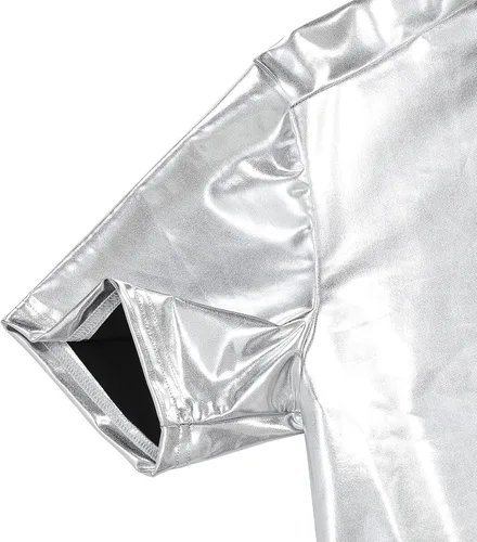 Vista 5 de TURETRENDY Camisa de discoteca de los años 70 para hombre, con lentejuelas brillantes, manga corta, para fiesta, polo hipster, discoteca, baile