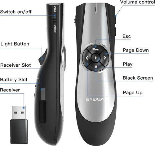 Vista 2 de BYEASY Presentador inalámbrico, control remoto RF 2.4GHz de 100 pies, USB PowerPoint PPT Clicker, control de volumen para Google Slides, negro