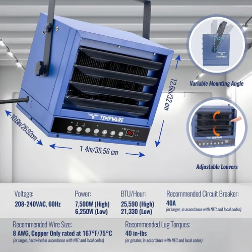 Vista 3 de TEMPWARE Calentador eléctrico de garaje de 7500 W, 240 V con cableado digital de montaje en techo con ventilador forzado con control remoto