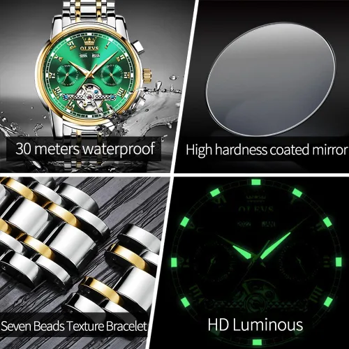 Vista 5 de OLEVS Reloj automático para hombre, cuerda automática, mecánica, de lujo, de acero inoxidable, multicalendario, impermeable, luminoso, reloj