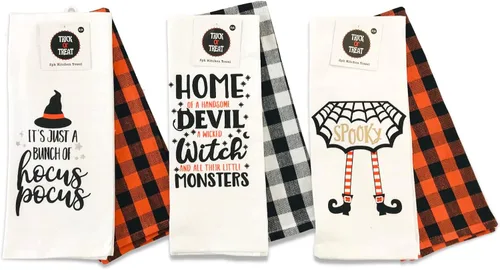 Vista 18 de Haunted - Juego de toallas de mano de cocina de Halloween: Jack O' Lantern Orange Terry Loop, lazo de rizo de punto blanco elevado, diseños