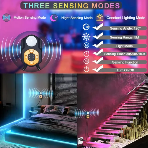 Vista 5 de Tira de luz LED con sensor de movimiento debajo de la cama, 9.84 pies, control remoto/aplicación, regulable, sincronización de música, temporizador