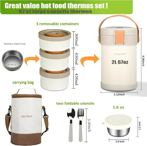 Vista 3 de Termo de 67 oz/2L para comida caliente, termo de sopa aislado al vacío de acero inoxidable 304, lonchera térmica a prueba de fugas con 3 cajas Bento