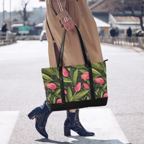 Vista 6 de Pink Tulipa Green Leaves Flat Illustration Style Large Capacity bag with laptop compartment with zipper laptop travel bag for ladies with college