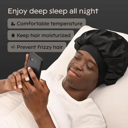 Vista 6 de Niagara Satin Bonnet Men - Bonnet for Sleeping Men - Reversible Night Cap - Mens Bonnet for Curly Hair Negro
