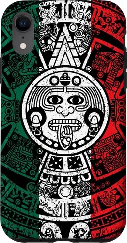Vista 25 de Funda para iPhone 17 con calendario maya azteca con diseño de piedra solar envejecida de la bandera de México