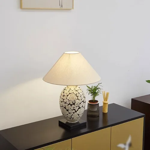 Vista 8 de Lámpara para escritorio, sala de estar, estudio, sala de té, lámpara de mesa decorativa de cerámica, estilo retro Wabi-sabi, lámpara de mesa