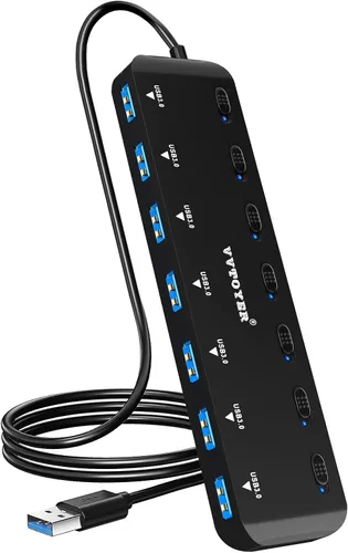 Vista 7 de Hub USB 3.0 de 4 puertos, divisor de concentrador USB portátil VVTOYER para laptop, con interruptor de alimentación individual y adaptador USB-C
