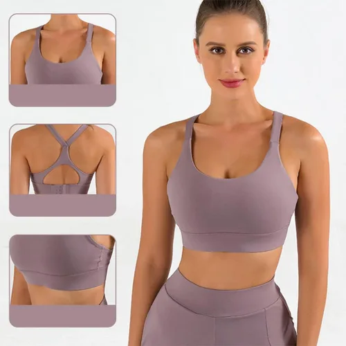 Vista 4 de Sujetador deportivo de yoga para mujer, sexy, con espalda cruzada, acolchado, tirantes deportivos, para correr, de alto apoyo
