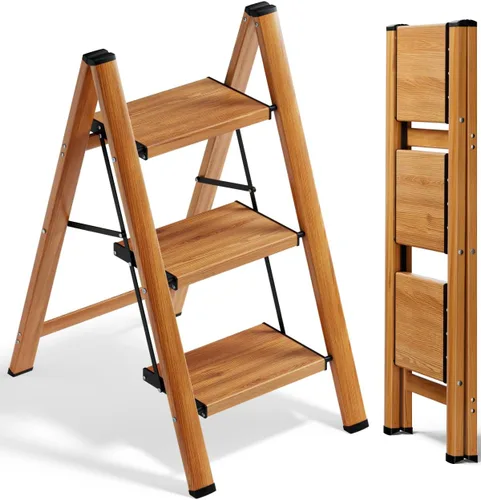 Vista 21 de SOLADDER Escalera plegable de 3 escalones, taburete pequeño para adultos, escalera de hierro antideslizante portátil con pedales anchos para uso