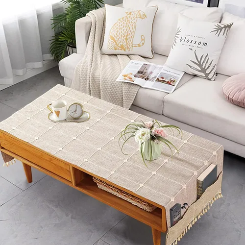 Vista 7 de Mantel de mesa auxiliar bohemio para sala de estar, con bolsillos y borlas, mantel rectangular a rayas para café, lavadora, secadora, refrigerador