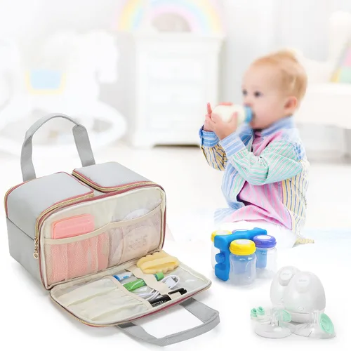 Vista 7 de Damero Bolsa de extractor de leche portátil con bolsa de hielo compatible con Elvie y la mayoría de bombas electrónicas Medela, bolsa de mano