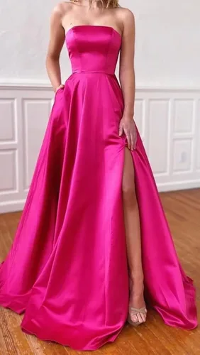Vista 5 de SiLidressy Vestido de graduación sin tirantes espalda abierta vestido de fiesta con abertura alta vestidos de noche largos para mujer con bolsillos
