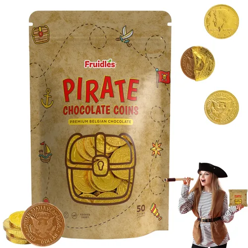 Vista 13 de Fruidles Monedas de chocolate con leche belga pirata, lácteos certificados Kosher, sin OMG (paquete de 25)