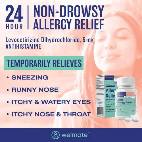 Vista 2 de WELMATE - Dihidrocloruro de levocetirizina 5 mg (180 ct) - Medicina contra la alergia sin somnolencia - 24 horas - Antihistamínico - Píldoras