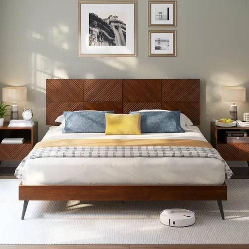 Vista 18 de Bme Georgina - Marco de cama tamaño Queen con cabecero y diseño geométrico artesanal distintivo, diseño con patente estadounidense pendiente, madera