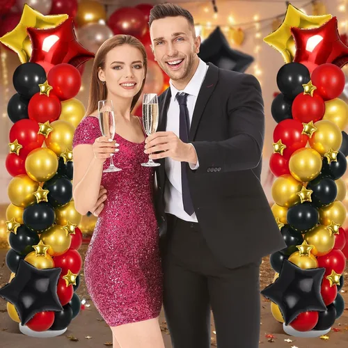 Vista 7 de 2 juegos de globos negros dorados y rojos, kits de soporte de columna de globos ajustables con 4 estrellas, guirnalda de noche de película, globos