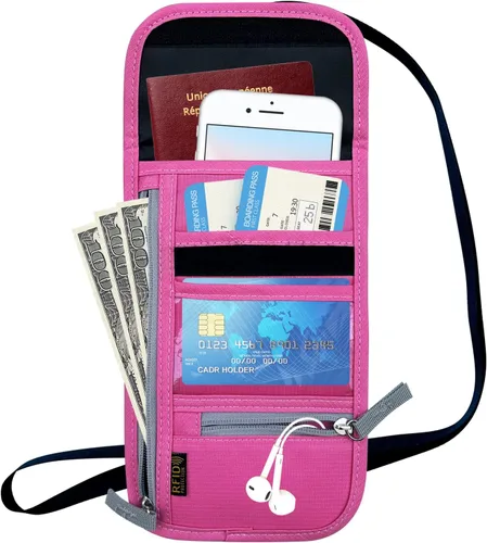 Vista 5 de Cartera de viaje para el cuello, con bloqueo RFID, soporte para pasaporte con correa ajustable para el cuello para hombres y mujeres para mantener