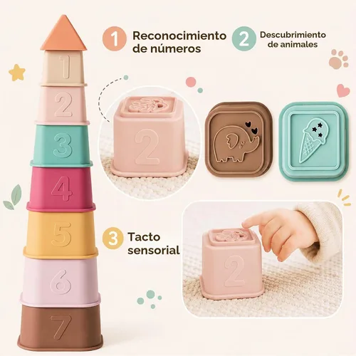 Vista 4 de Tazas Apilables para Bebés, Juguetes de Apilar de Silicona, Torre Educativa de Construcción para Bebés 6M+, Bloques de Construcción Blandos