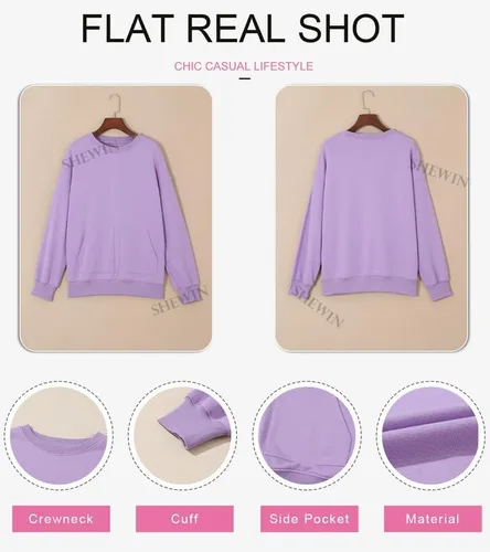 Vista 5 de SHEWIN Sudaderas para mujer, cuello redondo, color sólido, a la moda, cálidas, de gran tamaño, ligeras, sin botones