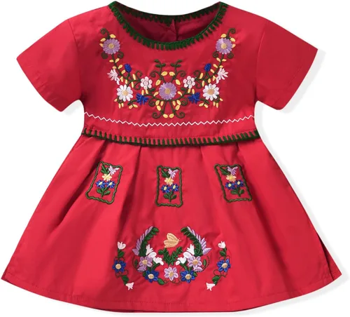 Vista 7 de Aalizzwell Vestido Bordado para Bebé Niña Pequeña Ropa Étnica Vestido de Verano de Manga Corta Negro