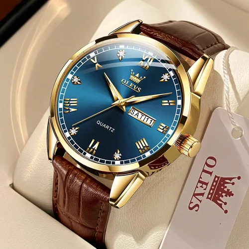 Vista 2 de OLEVS Tienda Watches, reloj de cuero marrón para hombre, reloj de fecha para hombre, reloj luminoso para hombre, reloj de vestir para hombre, reloj