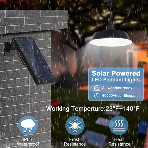 Vista 5 de Luces colgantes solares para exteriores, luz solar para cobertizo con panel ajustable de 360°, iluminación regulable con control remoto, cable