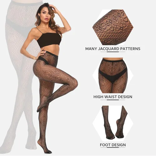 Vista 3 de MANZI 4 Pairs Womens Patterned Black Fishnet Stockings Tights Sexy Suspender Thigh High Mesh Cross Pantyhose