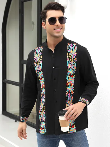 Vista 5 de Camisas mexicanas para hombre, camisa de manga larga bordada con botones y cuello mandarín