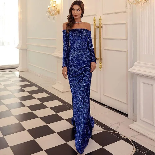Vista 2 de Vestido largo de manga larga con hombros descubiertos y espalda descubierta, longitud al suelo, lentejuelas para boda, fiesta de noche
