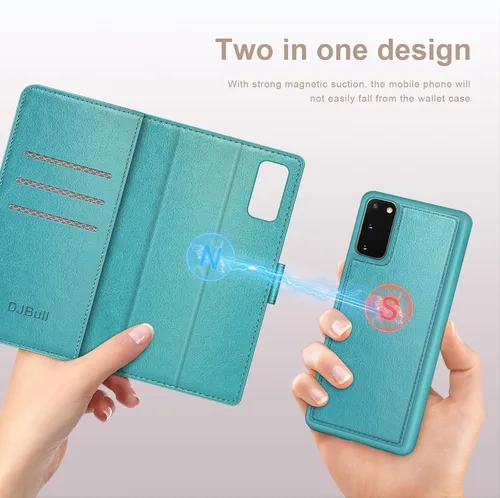 Vista 3 de DJBull Funda tipo cartera desmontable 2 en 1 para Samsung Galaxy S20 de 6.2 pulgadas con tarjetero de crédito con bloqueo RFID, funda protectora