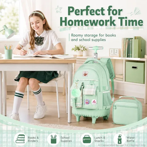 Vista 8 de Mochila con ruedas para mujer, bolsa de libros con ruedas, mochila escolar Juego de 3 piezas verde