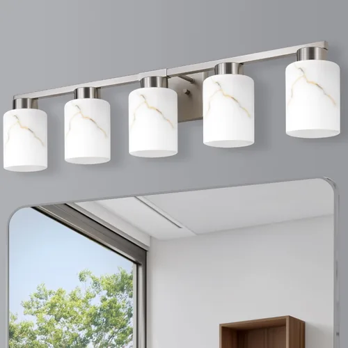 Vista 15 de Juego de 2 apliques de pared dorados con pantalla de vidrio de mármol, accesorios modernos de tocador de baño para dormitorio, pasillo, entrada