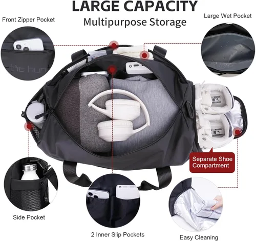 Vista 3 de ARCTIC HUNTER AH Bolsa de gimnasio pequeña para hombres y mujeres con compartimento para zapatos, ideal para deportes, viajes y viajes nocturnos