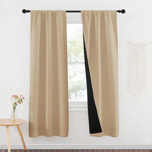 Vista 12 de NICETOWN Biscotti Beige 100% Cortinas opacas de 45" de largo para cocina, bolsillo con varilla para sótano completamente opaco, cortinas térmicas