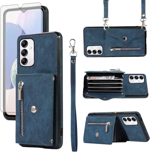 Vista 10 de Funda para teléfono Samsung Galaxy A14/M14 5G con protector de pantalla de vidrio templado y correa cruzada para la muñeca, cordón para el hombro