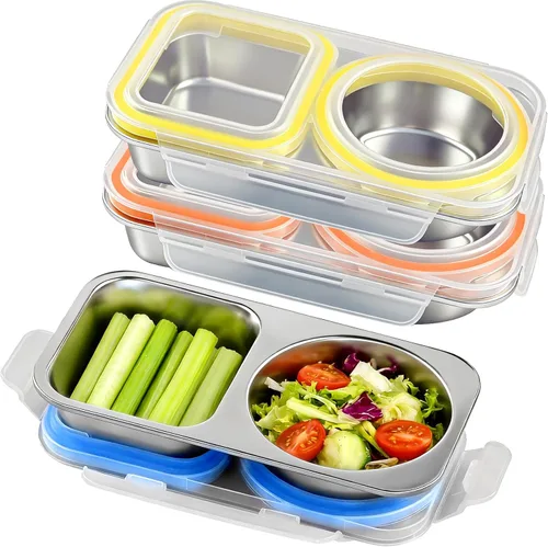 Vista 8 de Recipientes de acero inoxidable con tapa, contenedores reutilizables de 2 compartimentos para aperitivos a prueba de fugas, contenedor