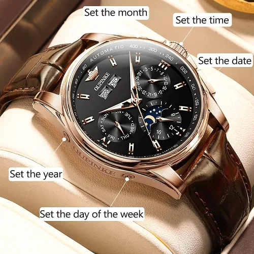 Vista 4 de OLEVS Reloj automático casual para hombre con correa de cuero esfera multicalendario manecillas luminosas resistente al agua fase lunar cristal